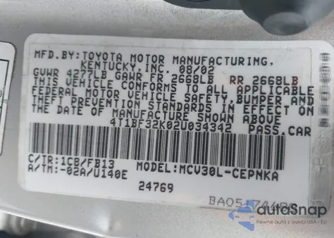 2002 Toyota Camry Le V6 из США, поврежденный, VIN 4T1BF32K02U034342